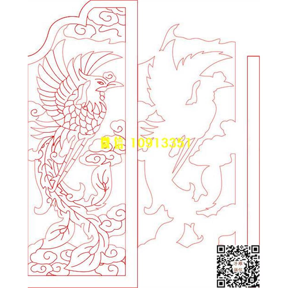 精雕图43凤凰墓碑板精雕图线雕图线条图单线铣底图_电脑雕刻plt文泰矢量图精雕图浮雕图